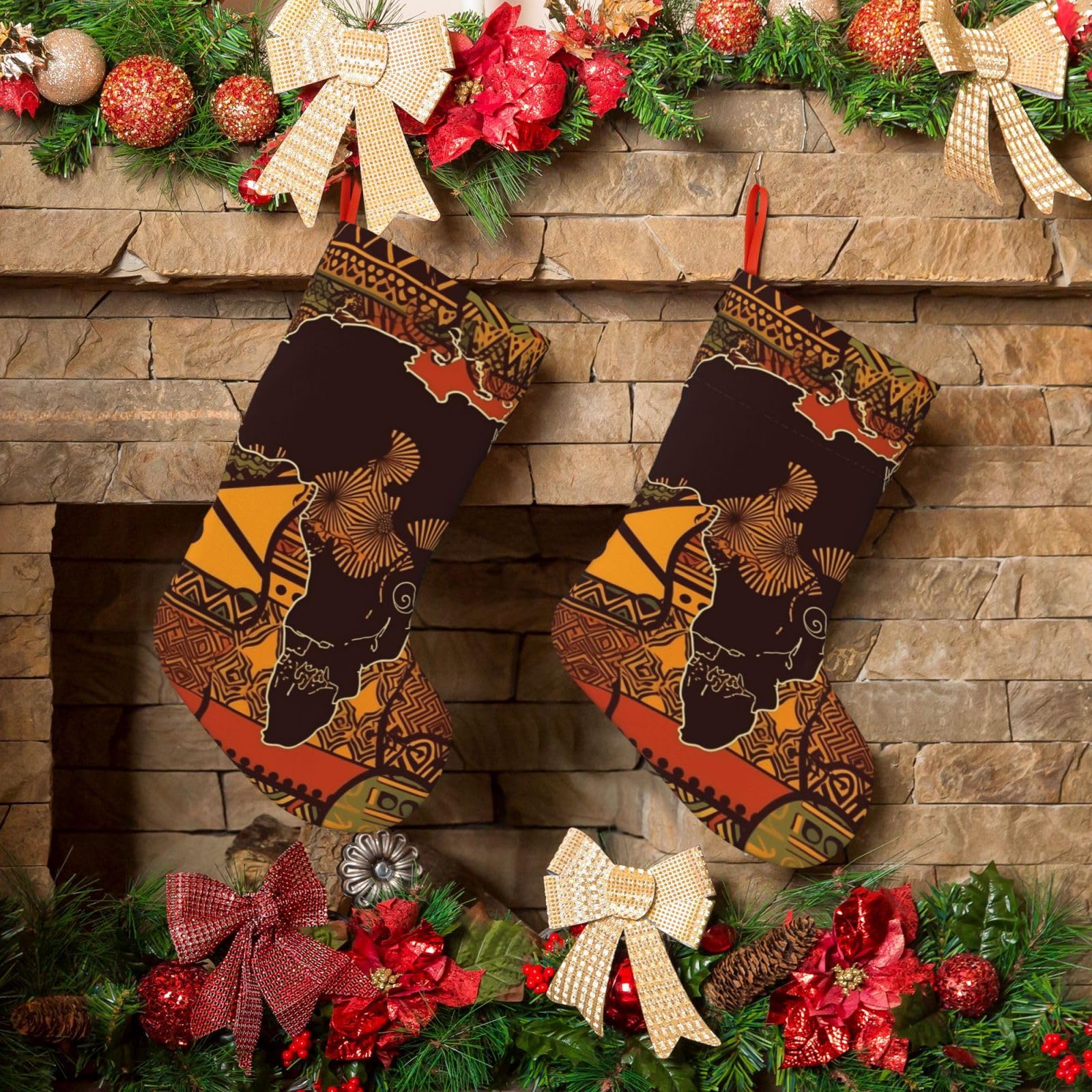 KLOPH Christmas Stockings 18" Personalized Xmas Stocking African Map Ethnic Pattern Decoration Stocking Hanging Fireplace Stocking for Holiday Xmas Tree Christmas Fireplace Decor