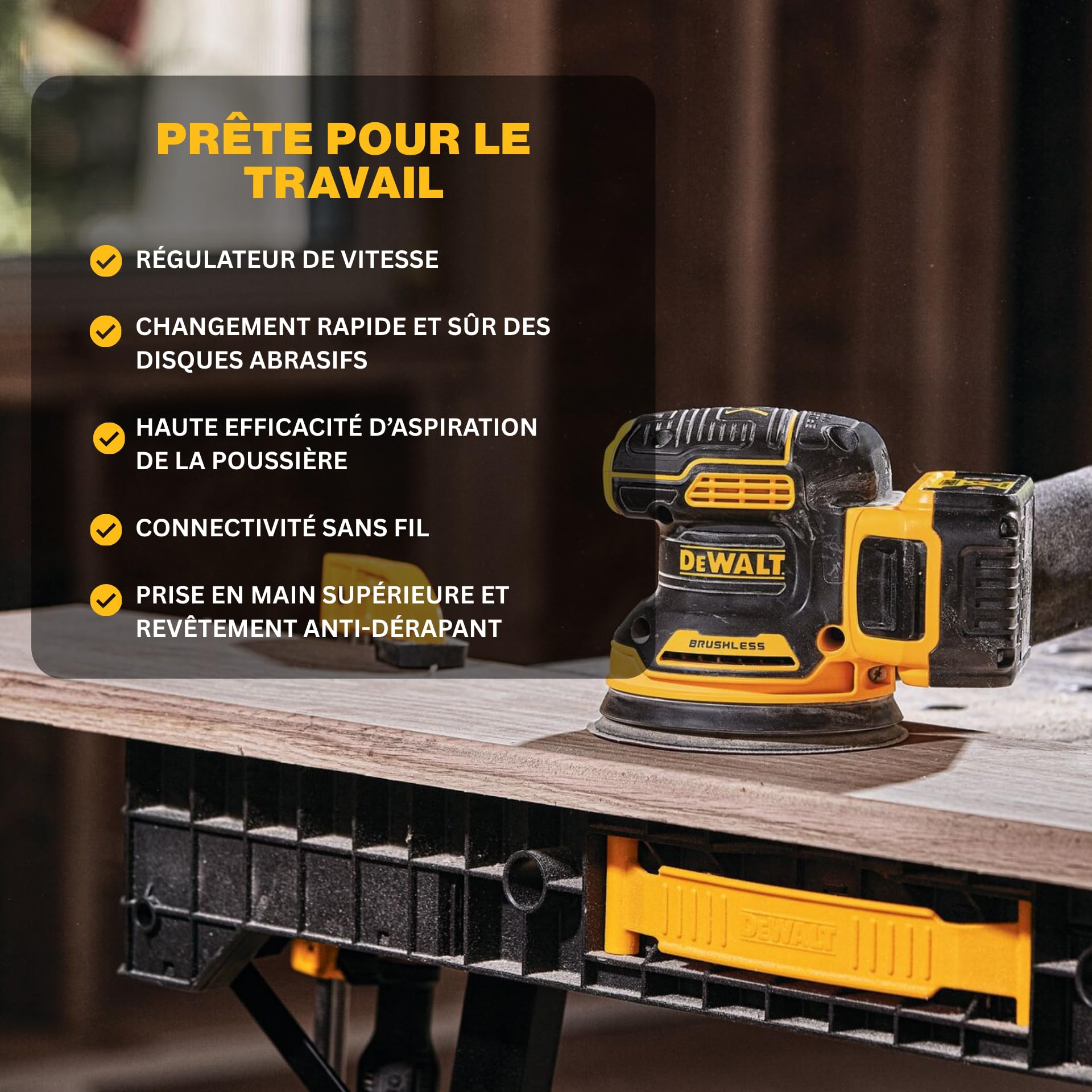 DEWALT Ponceuse excentrique XR 18V Brushless 125mm – Sans fil, variateur de vitesse, faible vibration, poignée ergonomique – Machine nue DCW210NT-XJ