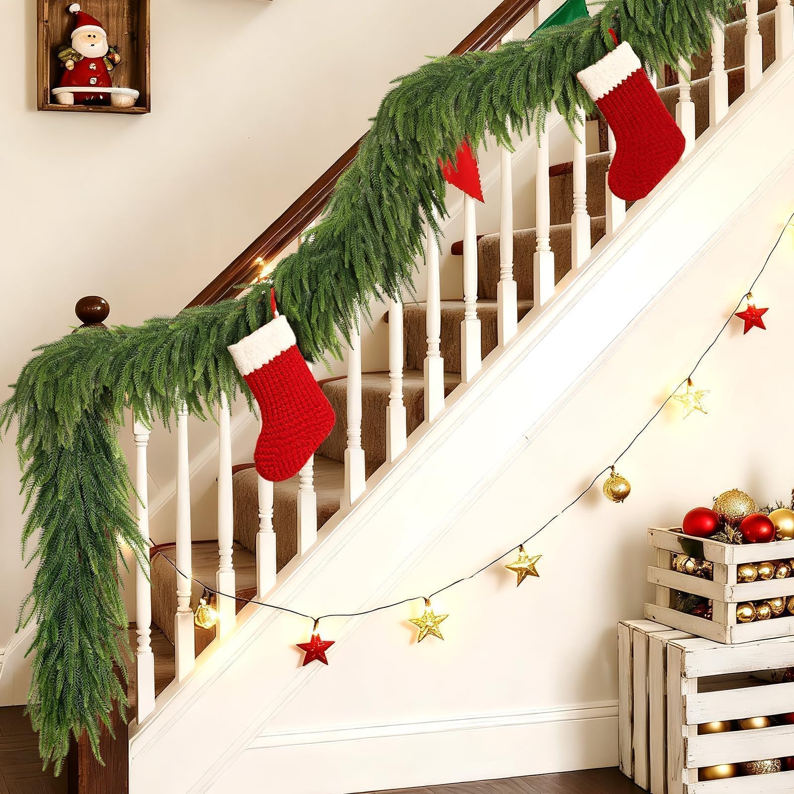 Christmas Norfolk Pine Garlands - 16ft Artificial Garland Faux Green Fake Pine Needles Garland for Fireplace,Table,Window,Stairs,Mante,Holiday Indoor Outdoor Xmas Decor(1PCS) 1 16 FT