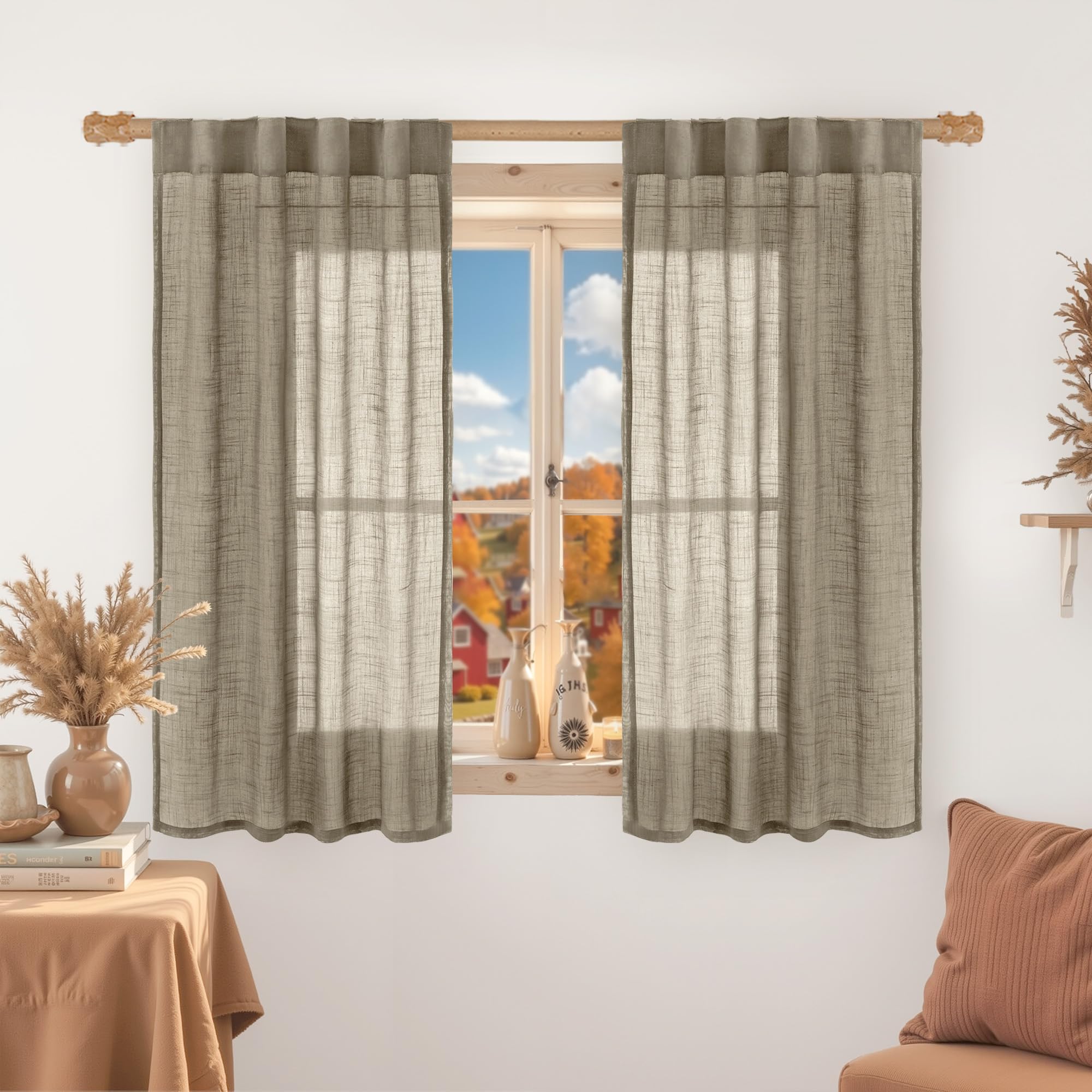 LAMIT Natural Linen Semi Sheer Curtains 84 Inches Long 2 Panels, Living Room Linen Textured Light Filtering Drapes Back Tab and Rod Pocket Neutral Window Panels for Bedroom/Sliding Door, 52 x 84 Inch — view 39