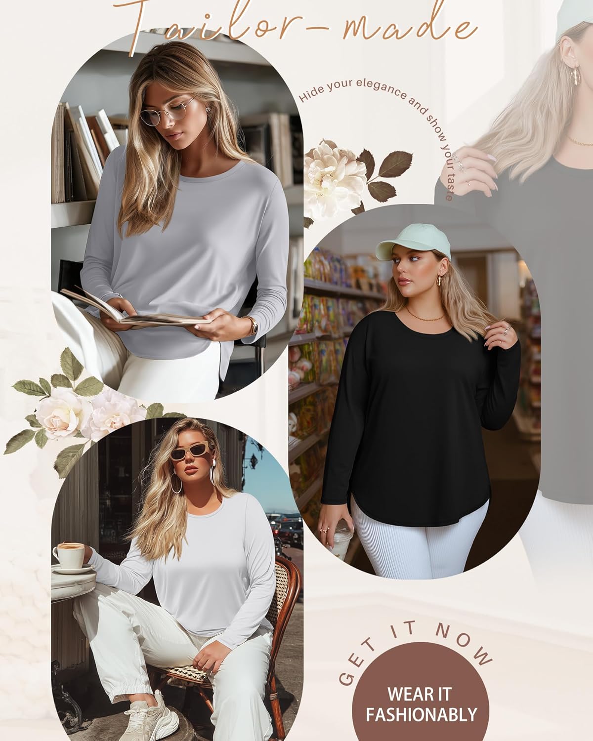 Ficerd 3 Pack Women's Plus Size Long Sleeve Tunic Tops Crewneck Loose Shirts Casual Curved Hem Side Split Basic Tee - Image 2