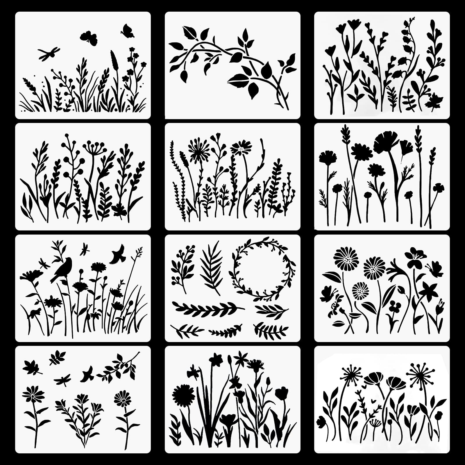 12 PCS Flower Drawing Stencils, Reusable Wildflower Art Painting Templates for DIY Craft Projects on Wood, Canvas, Wall, and Scrapbooking