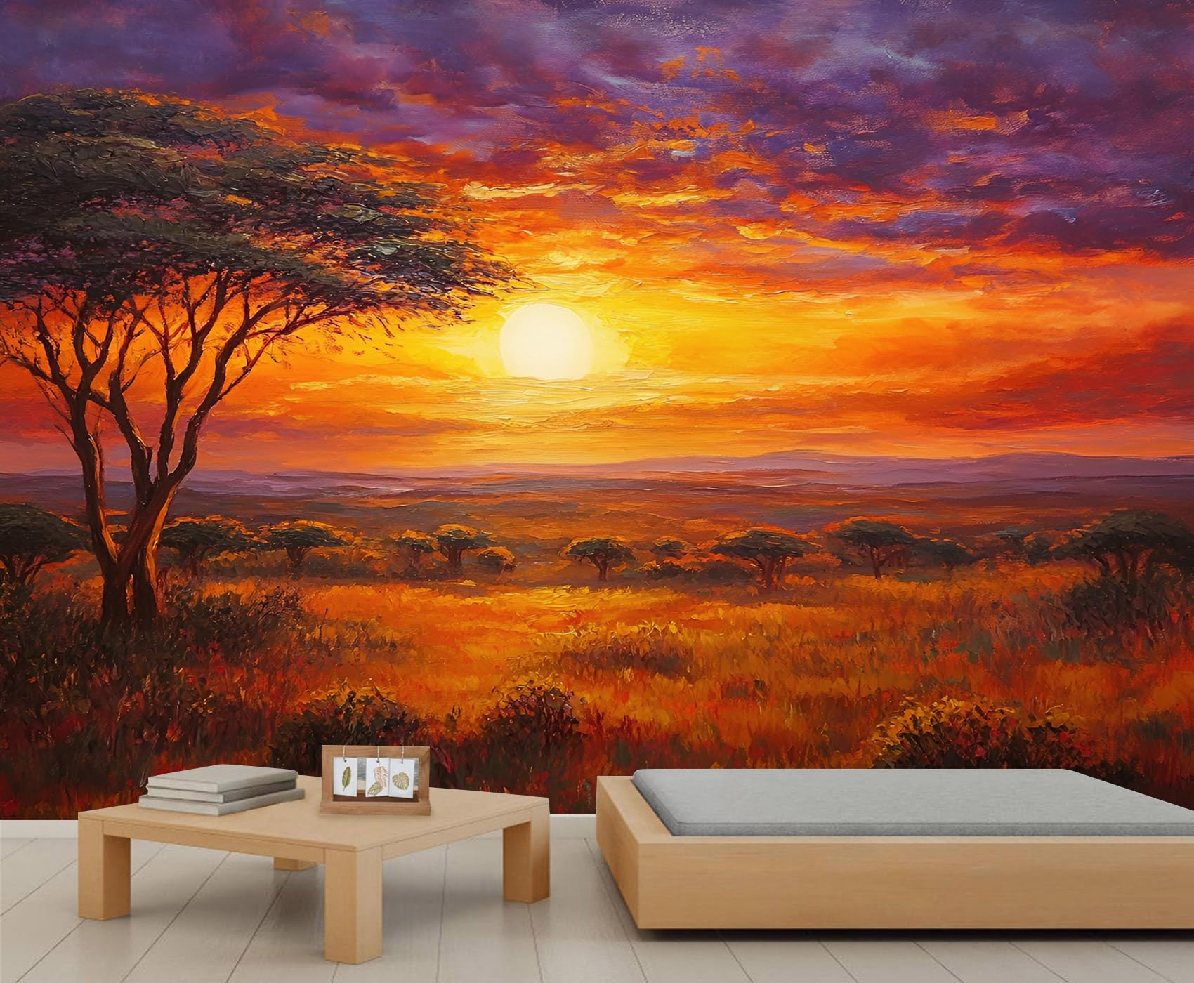 Sunset Oil Painting Mural Sunset Grassland Wallpaper Romanticism Wall Mural Commercial Hotel Poster Custom Wallpaper Massive Panoramic Wall Poster (Non-self-Adhesive)