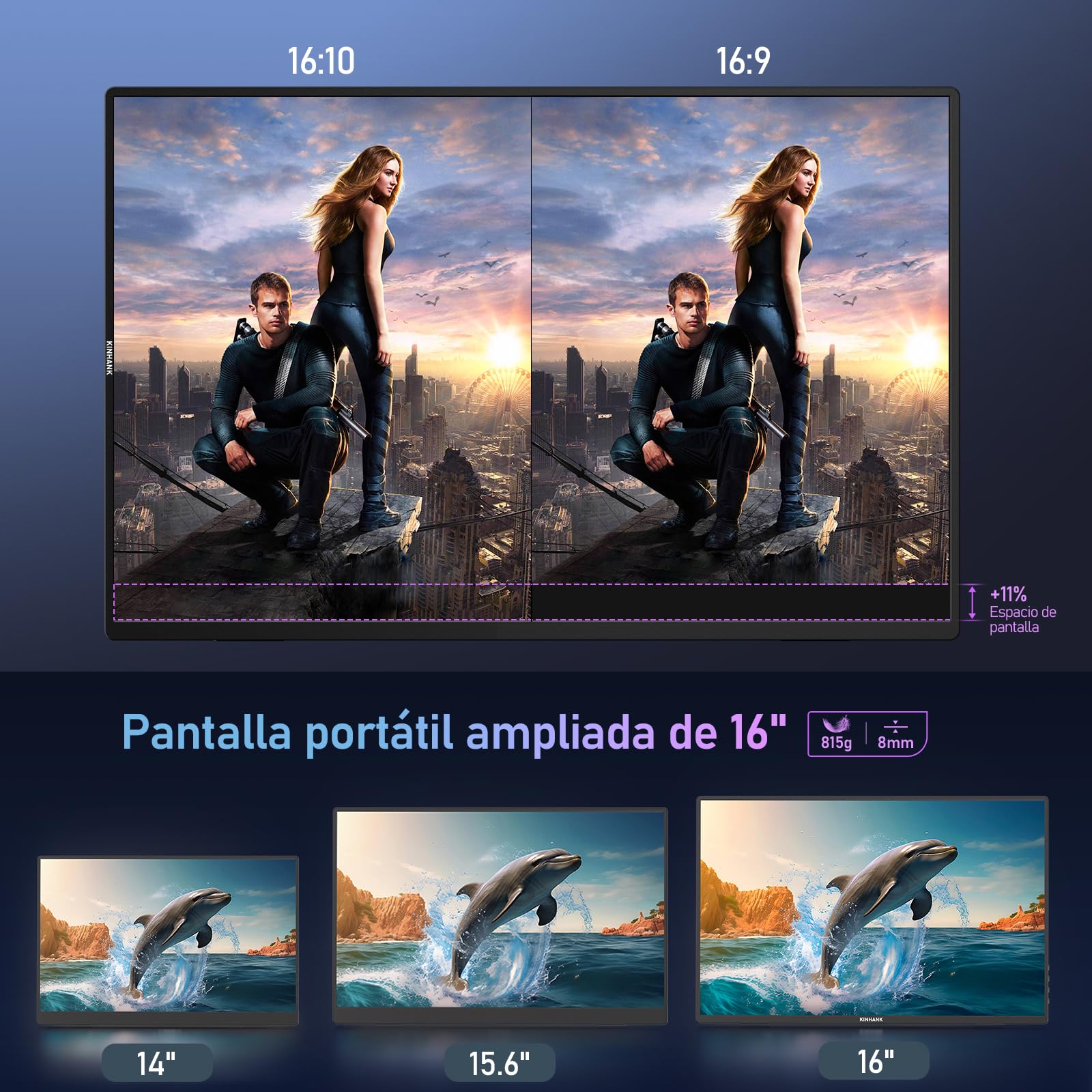 Kinhank 2.5K Pantalla Portátil, 144Hz | 16" | 500Nits | QHD | HDR | 100% sRGB, FreeSync, IPS Eye Care Monitor Portátil, Monitor Gaming para Laptop/PC/MacBook/Phones/Tablet/PS5/4/Xbox/HDMI/USB C