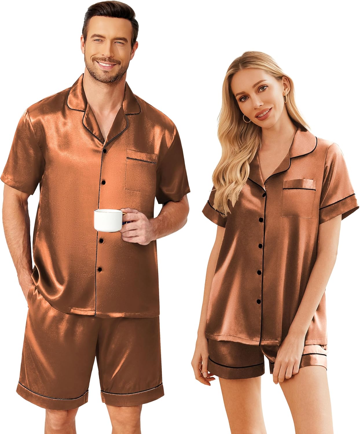 Ekouaer Couple Matching Pajamas Sets Silk Short Sleeve Button Down Sleepwear Satin Pjs Shorts Set Soft Lounge Set S-XXL