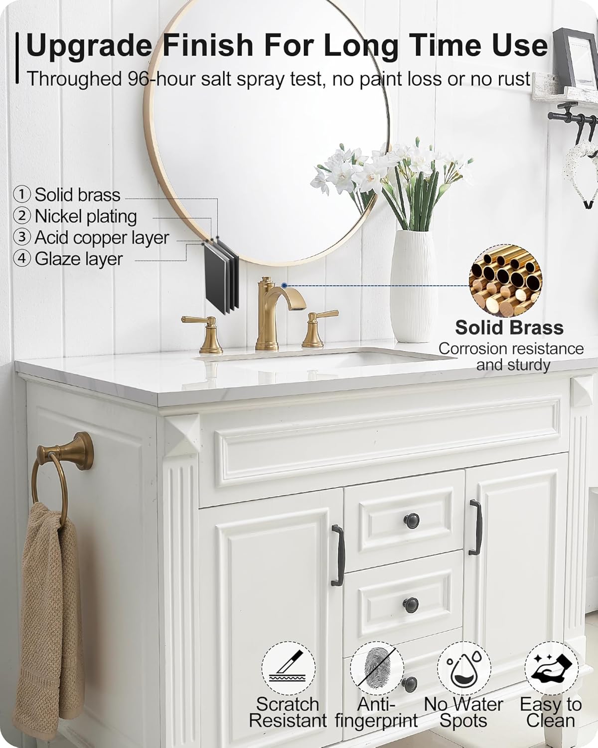 Brass Bathroom Waterfall Faucet, 4-16 Inch Brushed Gold Bathroom Faucet Widespread Bathroom Sink Faucet, 2 Handles Bathroom Faucets for Sink 3 Hole with Pop Up Drain, Water Hoses