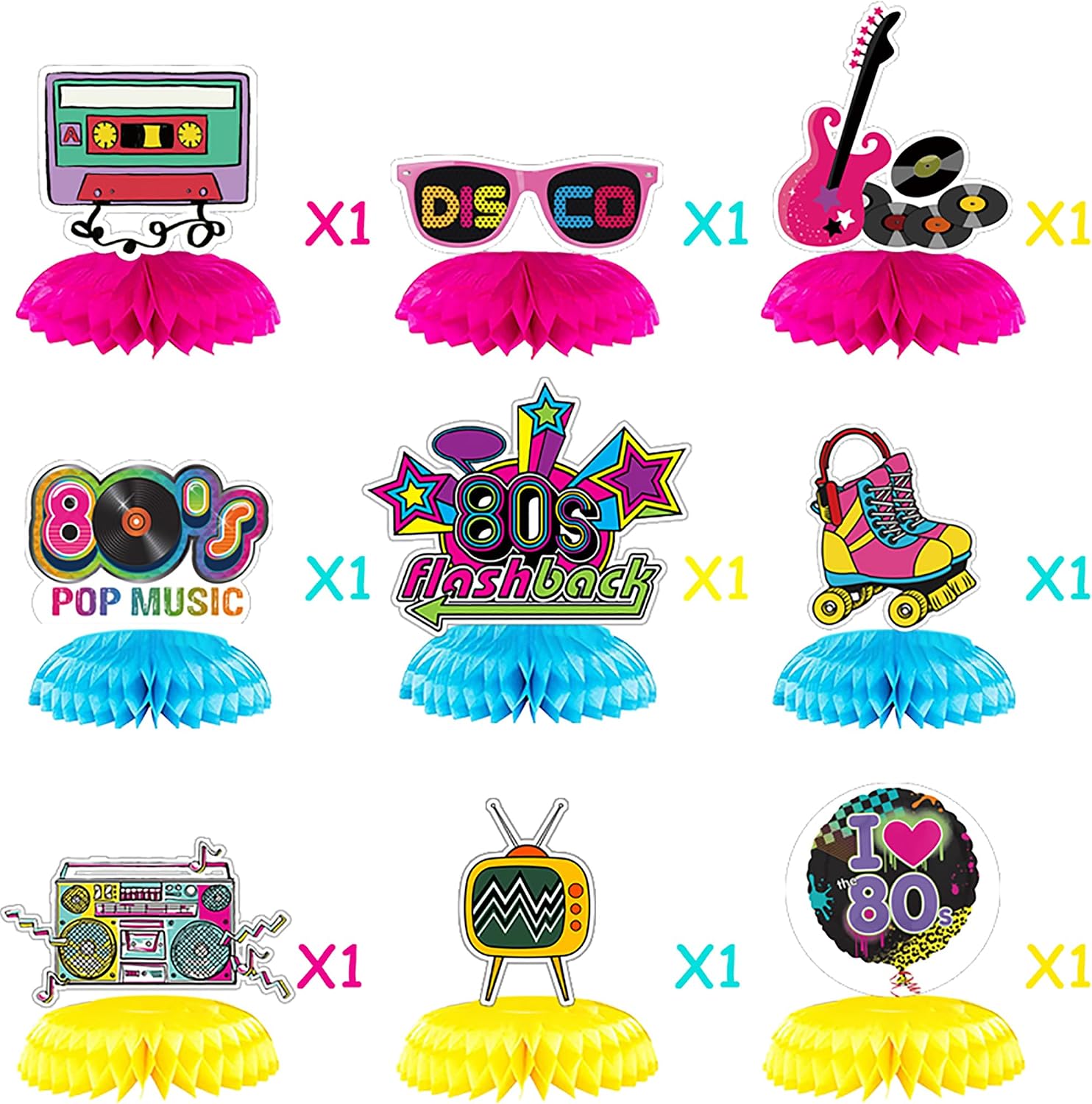 80s Retro Party Decorations Honeycomb Table Centerpieces 9PCS image 4