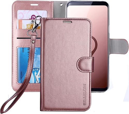 ERAGLOW Funda tipo cartera para Galaxy S9, funda para Galaxy S9, funda protectora de piel sintética de alta calidad con ranuras para tarjetas y