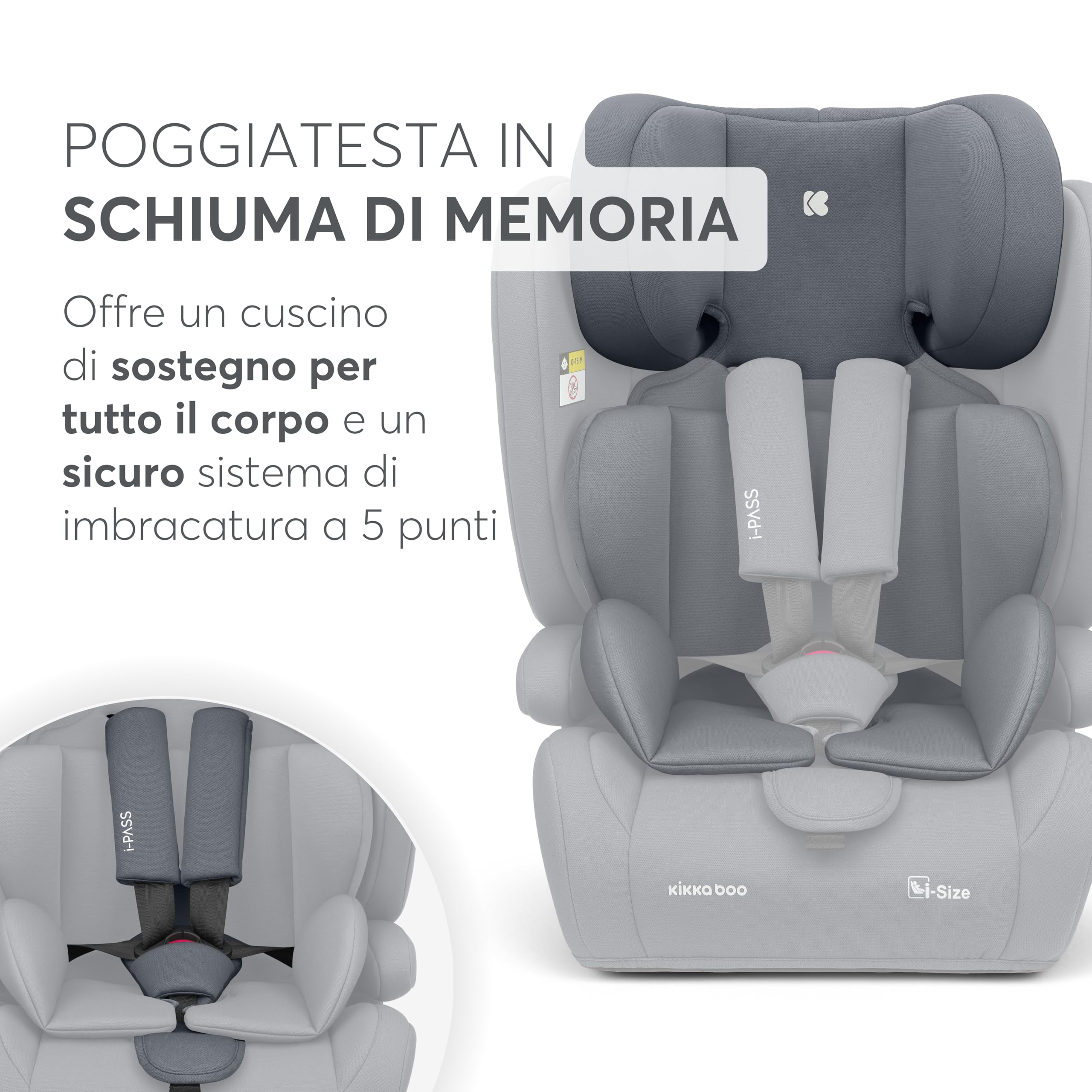 KikkaBoo Seggiolino Auto 9-36 kg i-PASS, Gruppo 1/2/3, Da 15 Mesi a 12 Anni, i-Size 76-150 cm, Poggiatesta Regolabile 13 Posizioni, Grigio