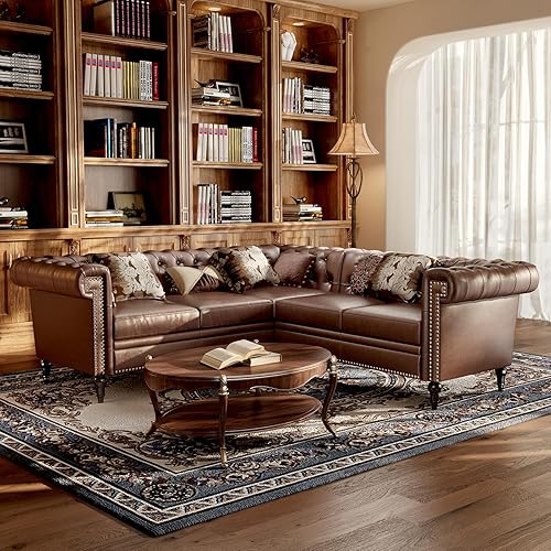 Miniatura 5 de Sofá modular de piel sintética para sala de estar, sofá Chesterfield reversible en forma de L con brazos enrollados y cabeza de clavos, sofá