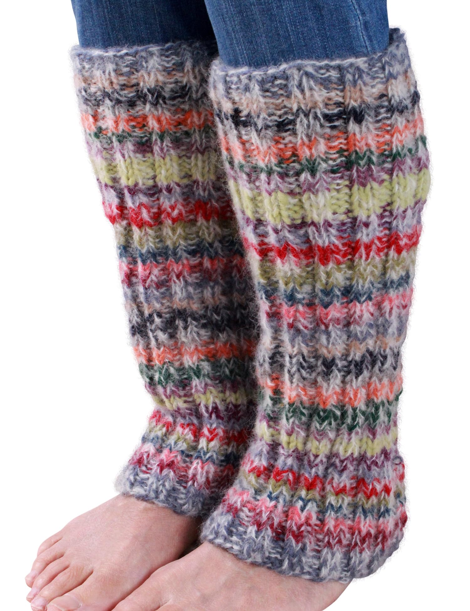 Pachamama Women's Multicoloured Wool/Mohair Legwarmer Handknitted Striped Soft Top Regular Fit Handmade Extra Warm Fair Trade