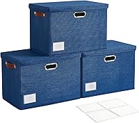 Vista 1 de 17" Large Collapsible Storage Bins with Lids, Stackable Closet Organizers with PU Handle and Labels, 3-Pack Decorative Fabric Storage Boxes for