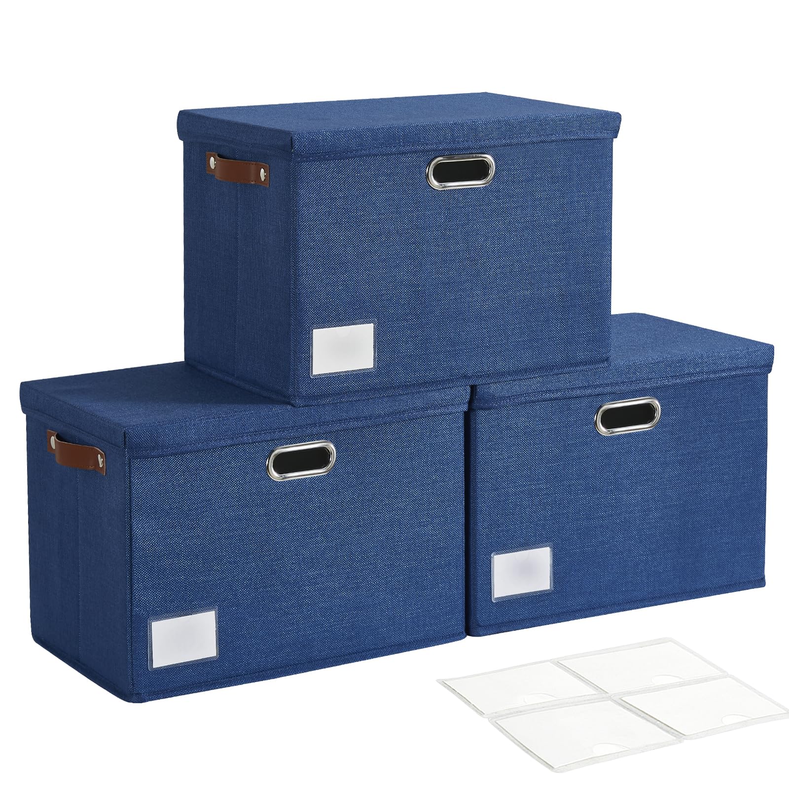 Roobyl 17" Large Collapsible Storage Bins with Lids, Stackable Closet Organizers with PU Handle and Labels, 3-Pack Decorative Fabric Storage Boxes for