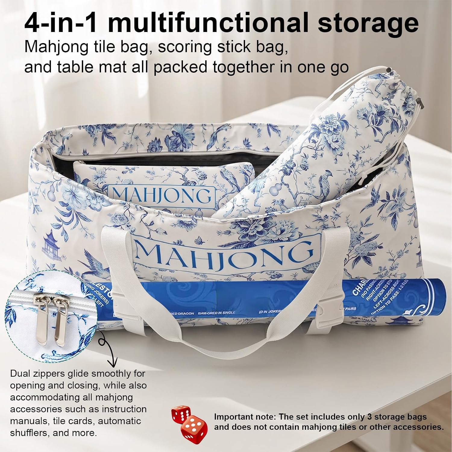American Mahjong 3-Piece Tote Bag with Adjustable Dual-Buckle Mat Storage, for Mahjong Tiles & Push Racks, Canvas Bag with Padded Handle, 23.6x3.5x11.8 (Blue Floral, Empty Bags Only) image 3
