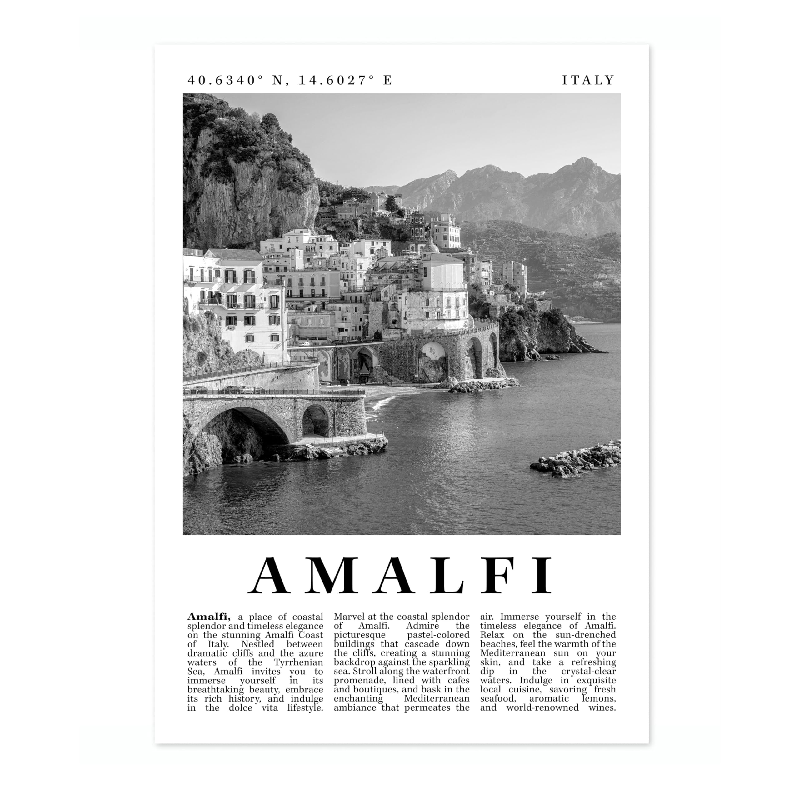 Amalfi - Italy Travel Poster, Black & White Print, City Landmark. Modern Home Wall Decor For Living Room Bedroom, Archival Matte, 50x70cm (Print Only) - 50x70cm โ image 1
