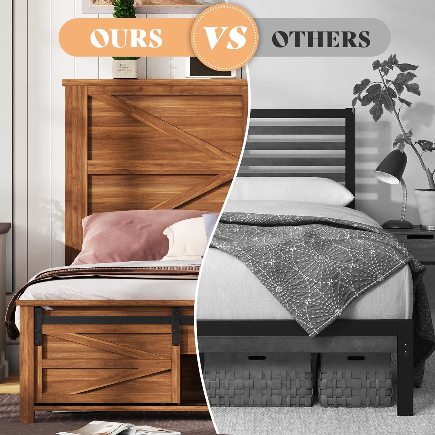 AMERLIFE 48.8" Full Size Farmhouse Engineered Wood Bed Frame with Sliding Barn Door Storage Cabinets and Headboard,Solid Wood Slats Support,No Squeak, No Box Spring Needed,Rusric Brown