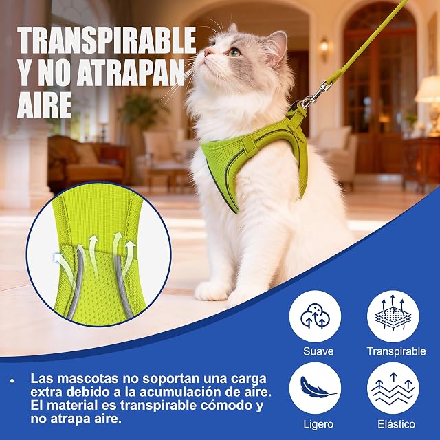 Foto 3 de 7 de Arnés para Gatos con Correa 255cm XXS (Pecho 27-34cm) Verde Limón