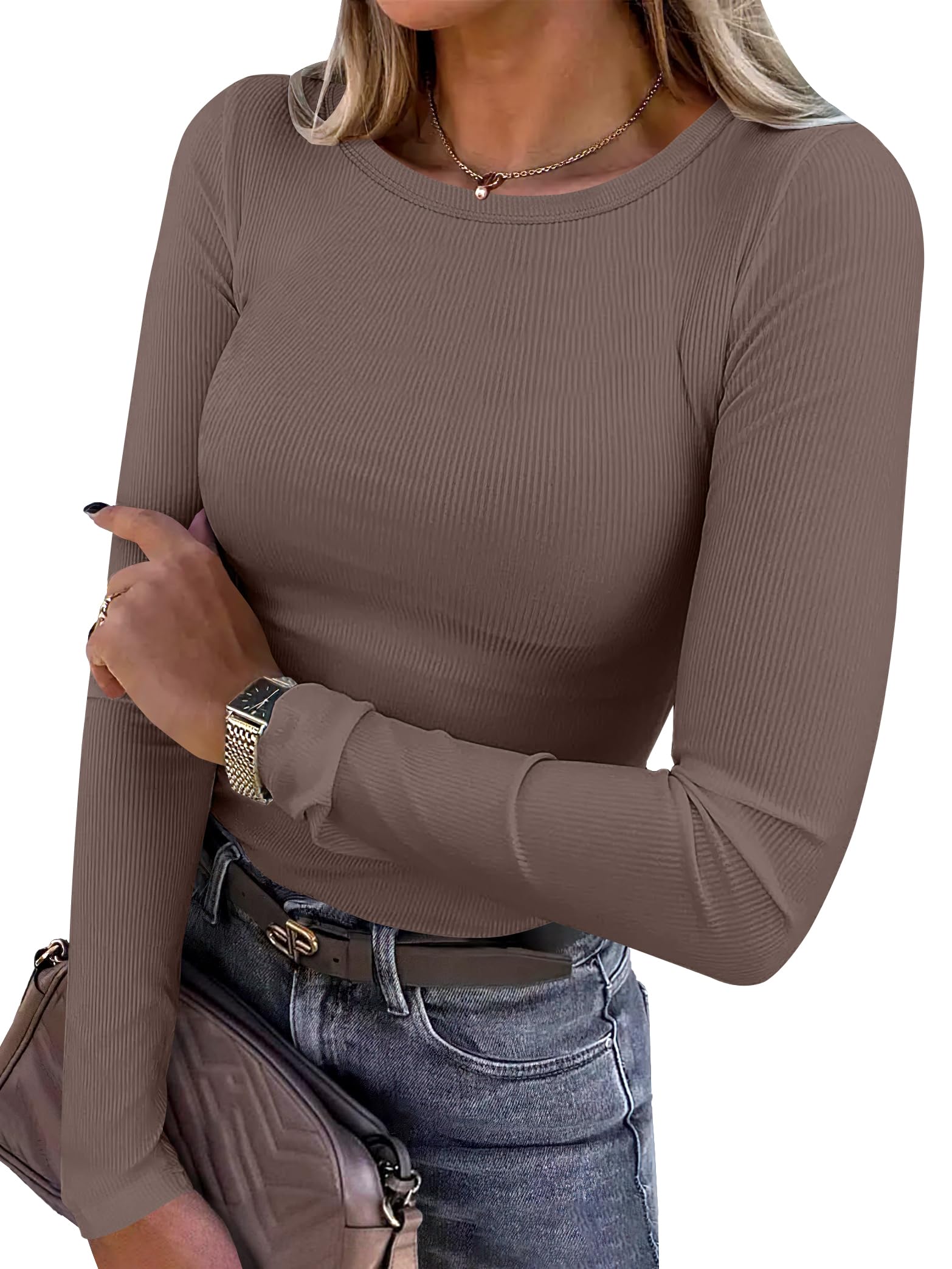 ANRABESS Women Long Sleeve Shirts Rib Knit Slim Fit Tops Basic Tee Spring Outfits Casual T-Shirt Underscrubs Layer Clothes