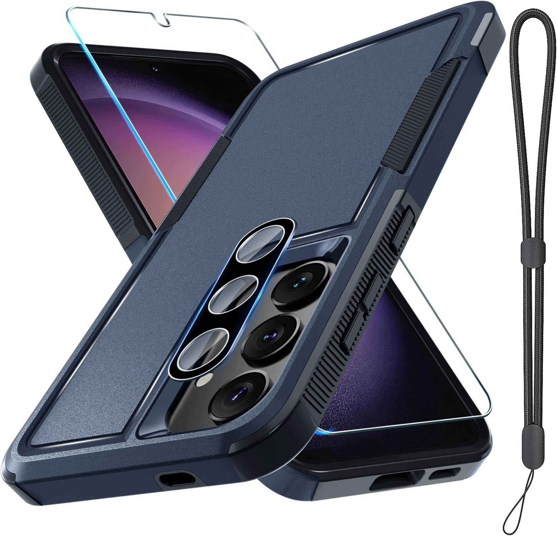 RMOCR Case for Samsung Galaxy S24 Plus, Full Body Heavy Duty Rugged Shockproof Protective Phone Cover with Lanyard Strap, Tempered Glass Screen Protector and Camera Lens Cover, Navy Blue