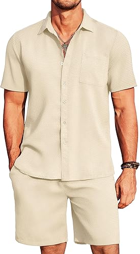 COOFANDY Conjunto corto de 2 piezas para hombre, camisa de manga corta con botones y pantalones cortos