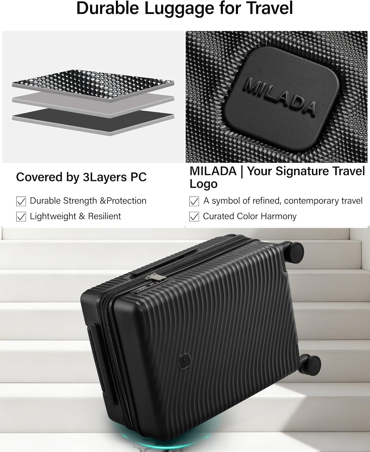 MILADA Expandable Carry On Luggage 20 Inch - Airline Approved Hardshell Suitcase with 8 Spinner Wheels, TSA Lock, Water-Resistant PC Shell, Lightweight & Durable for Travel, Jet Black