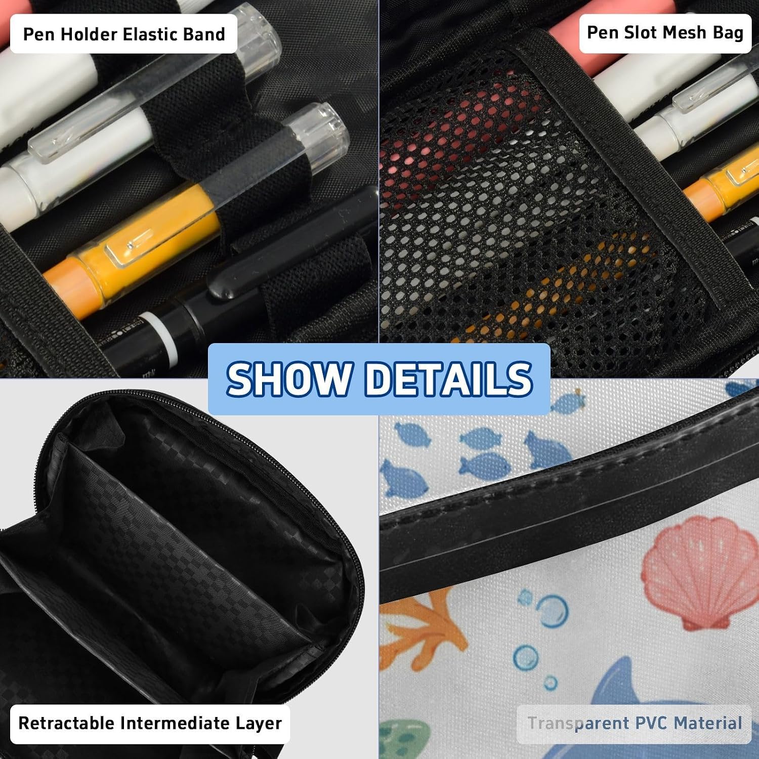 ALAZA Marine Animals Large Capacity Pencil Case, Aesthetic Stationery Organizer Bag with Clear PVC Window, High Capacity Pen Pouch with Dividers for School Office Travel image 4
