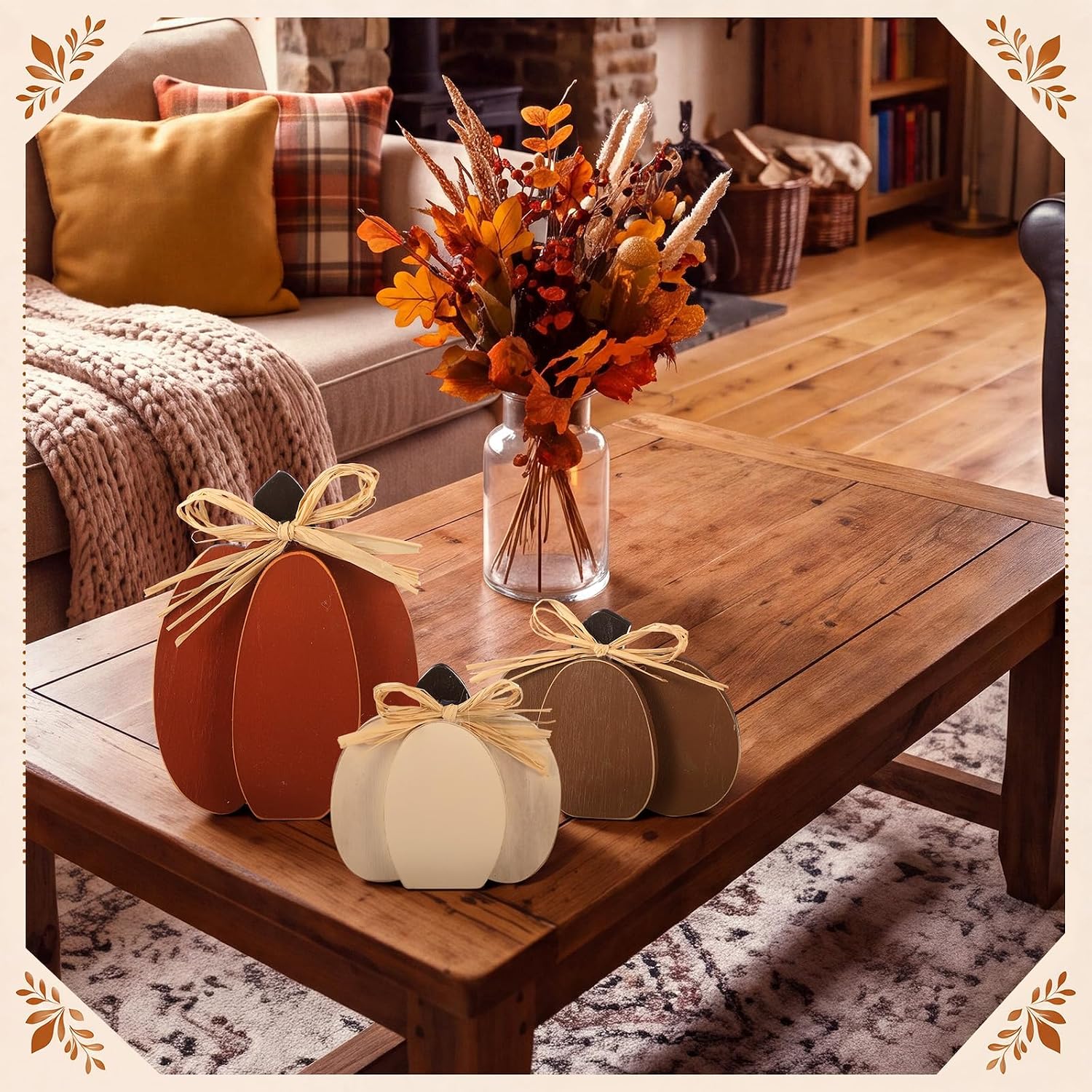Ferraycle 3 Pcs Fall Pumpkin Decor, 3D Wooden Pumpkin Tabletop Decor