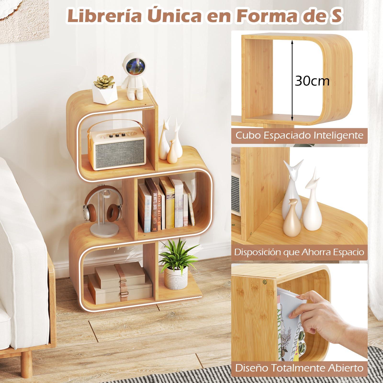 COSTWAY Estantería en Forma de S, Estantería de Almacenamiento de 3 Niveles con 3 Cubos Abiertos, Estantería de Bambú para Esquina Decorativo para Sala de Estar, Estudio, Oficina, Natural (3 Niveles)
