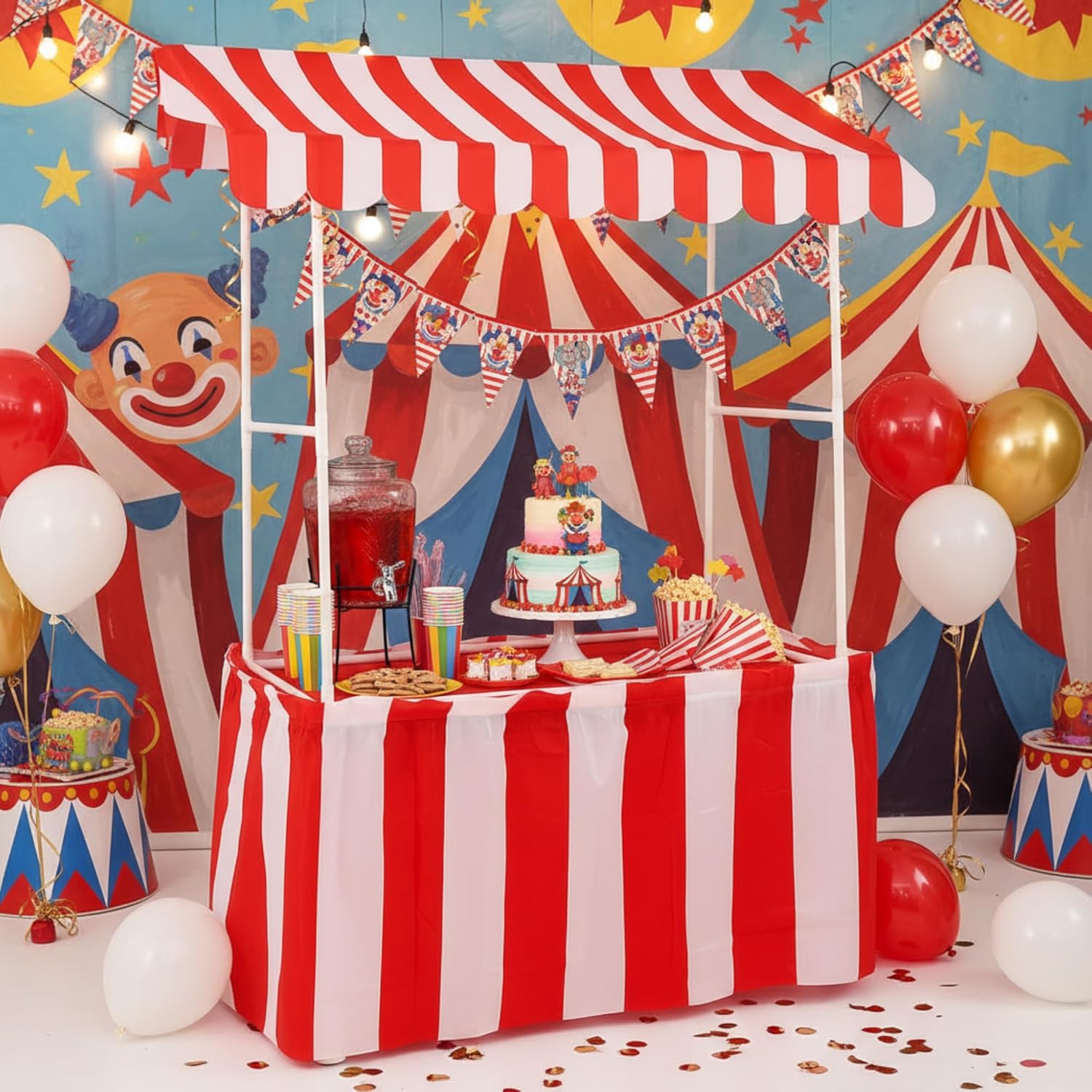 Carnival Tablet Tent Kit Circus Party Decoration Include Tabletop Hut, Tent Canopy, Stripe Table Skirts, Tablecloth for Carnival Party Supplies Decorations(Red and White)