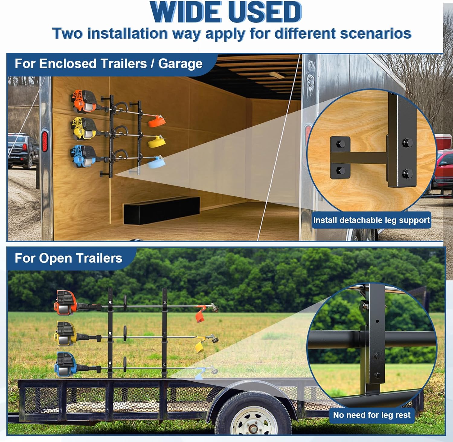 Weed Eater Rack for Enclosed Trailer with Locks, 3 Place Weedeater Rack for Open/Enclosed Trailers Spring Hasp Trimmer Rack 360° Pad Enclosed Trailer Accessories Lawn Care Equipment Cargo Rack