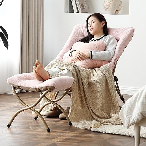 Miniatura 8 de Welnow Cómoda silla platillo con otomana, silla de lectura plegable de gran tamaño para adultos con almohada, silla de salón de piel sintética suave