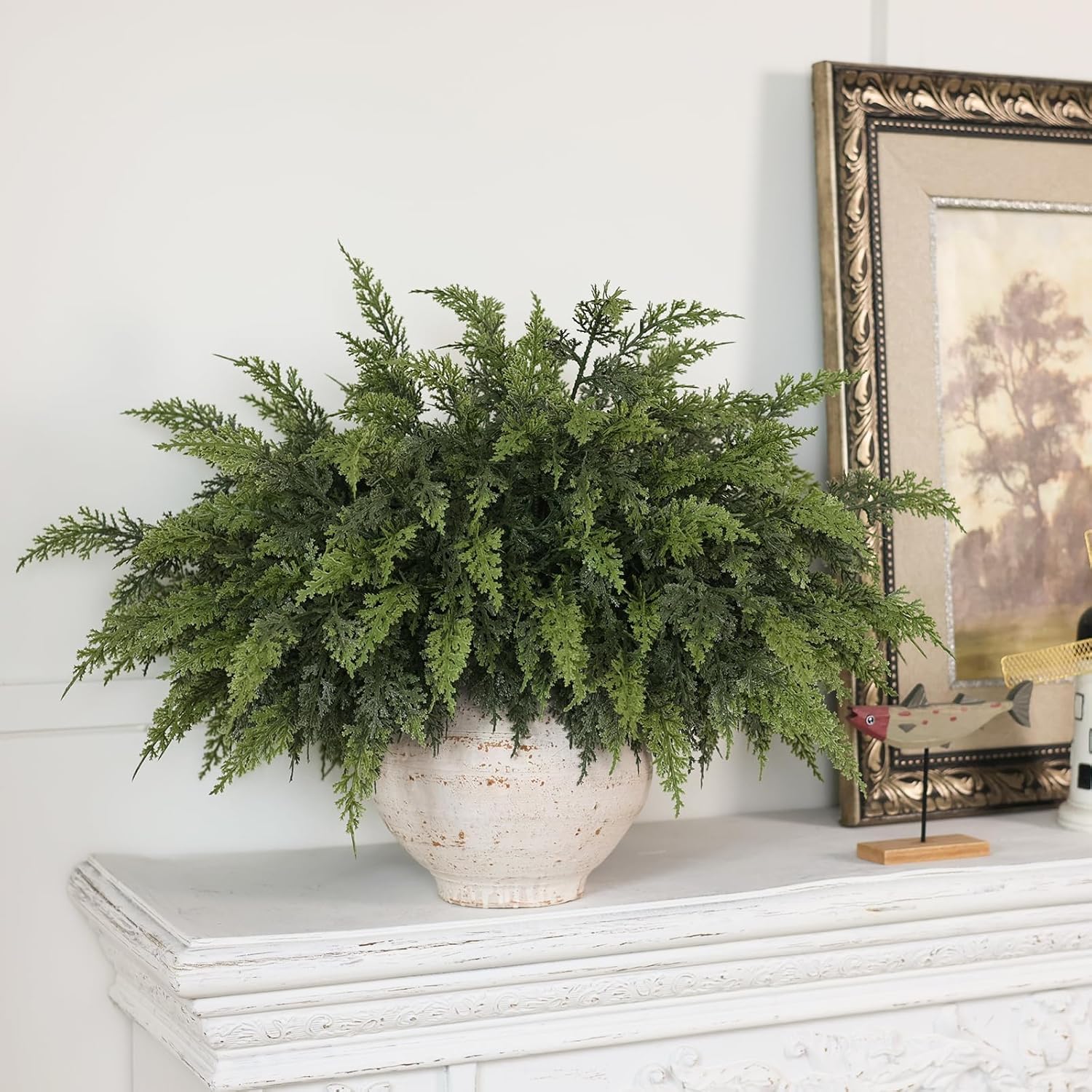 Real Touch Christmas Cedar Branches-18 Inches, Artificial Cedar Branch Faux Greenery Plants Stem Fake Pine Picks for Vase DIY Crafts Garland Wreath Xmas Indoor Outdoor Decor (24 Pcs)