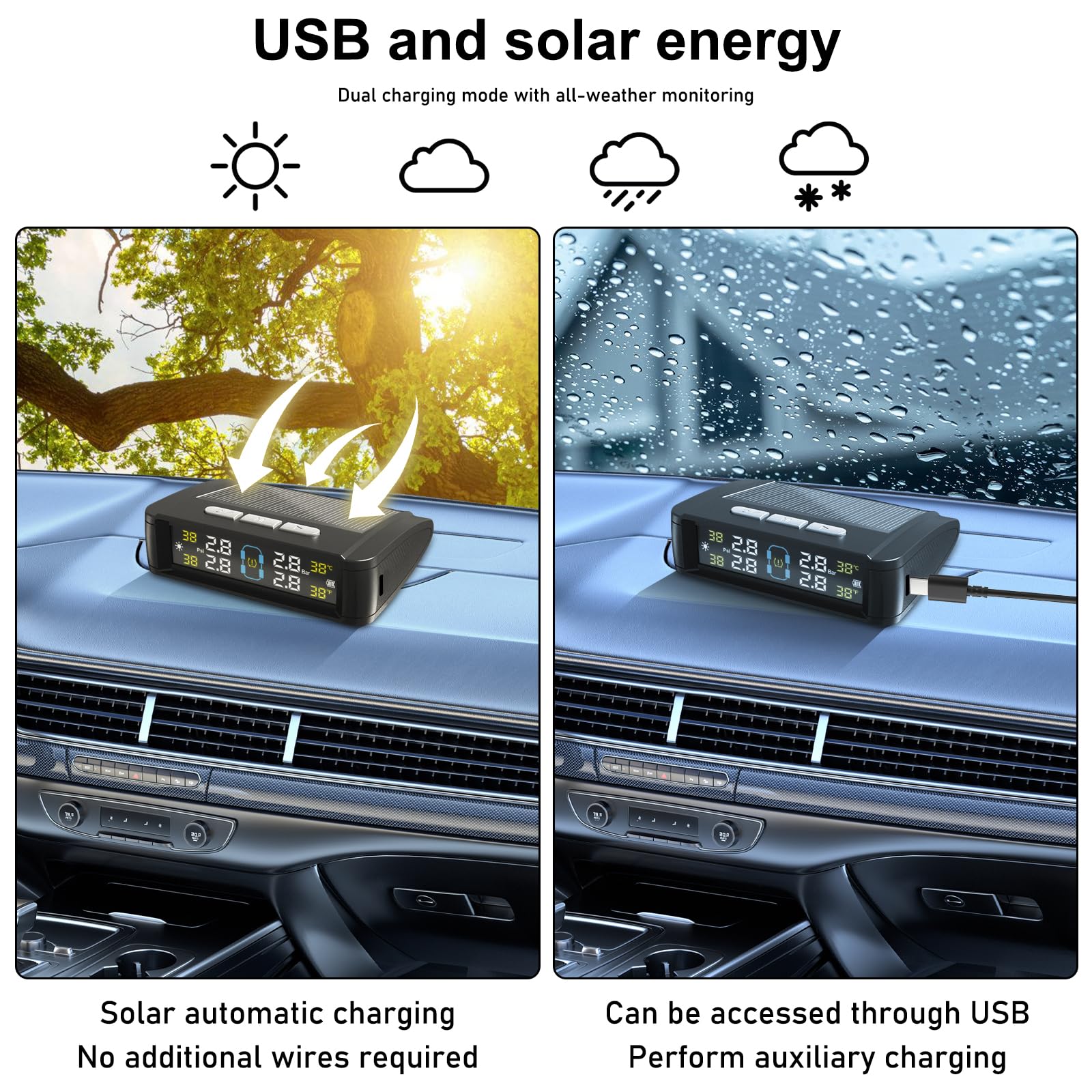 Aicharynic TPMS Reifendruckkontrollsystem, Solar Kabelloser Reifendrucksensor mit 4 Externen Sensoren IPX7, 3,5" Solar Display & USB-C Ladung für LKW/Anhänger, Druckbereich 0-5 bar