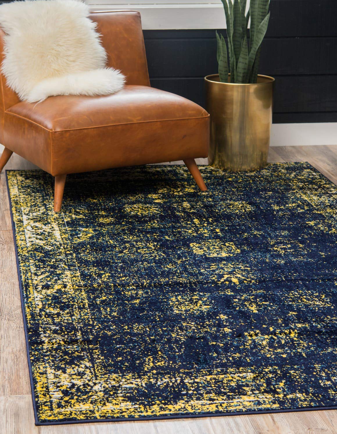 Unique Loom Sofia Collection Area Rug - Casino (4' 1" x 6' 1" Rectangle, Navy Blue/ Yellow)