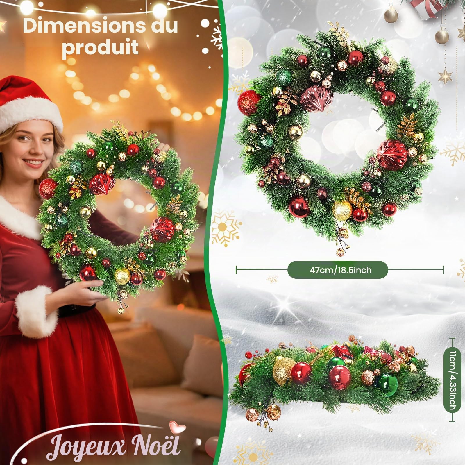 40cm Couronne De Noel Lumineuse, Couronne Porte Noel, 8 Modes Et Minuterie, Convient pour Portails, Cheminées, Porches, avec des Flocons De Neige Et des Pignons De Pin (Lumières LED Incluses)