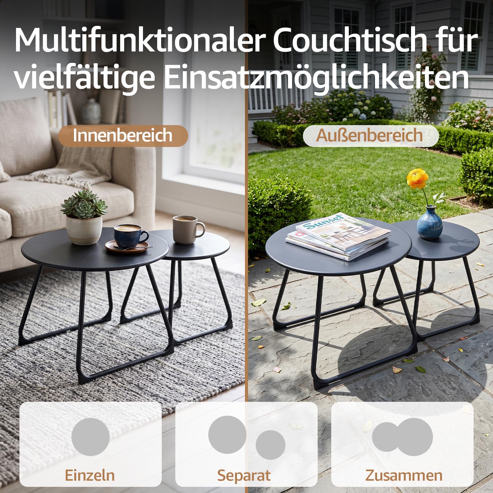 NATURAL EXPRESSIONS Aluminium Beistelltisch Outdoor 2er Set, Ø60/46 cm