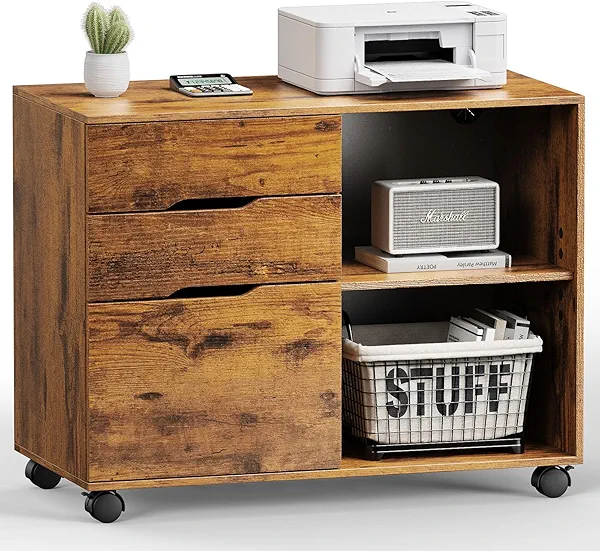 DUMOS Lateral File Cabinet with 3 Drawers Rolling Filing Cabinets Under Desk Storage Printer Stand Wood Organizer with Wheels Adjustable Shelf for Office Home Small Space, Brown