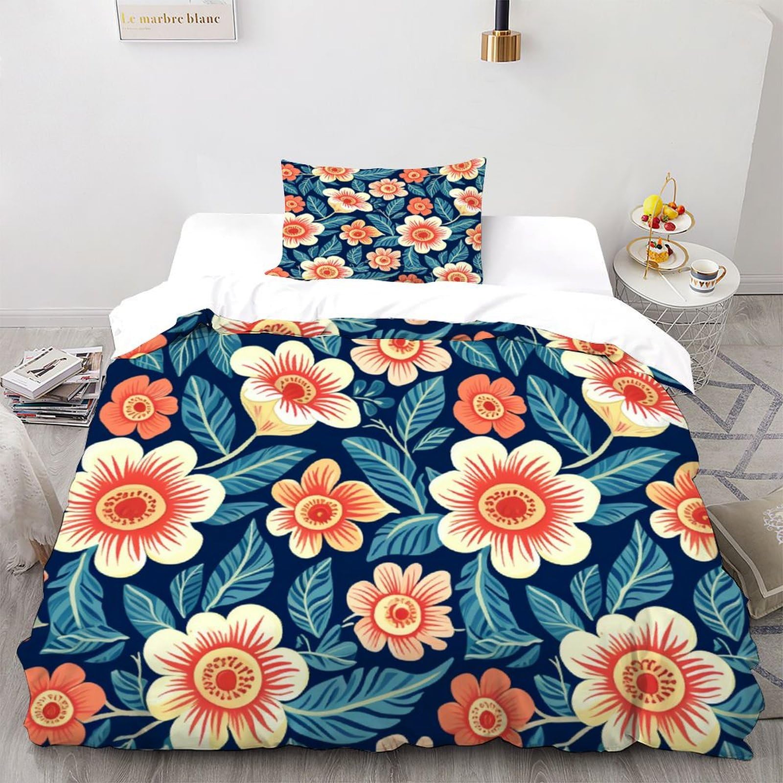 Parure de couette spring flowers microfbre 135x200 bleu lit simple avec 2 taies d'oreiller