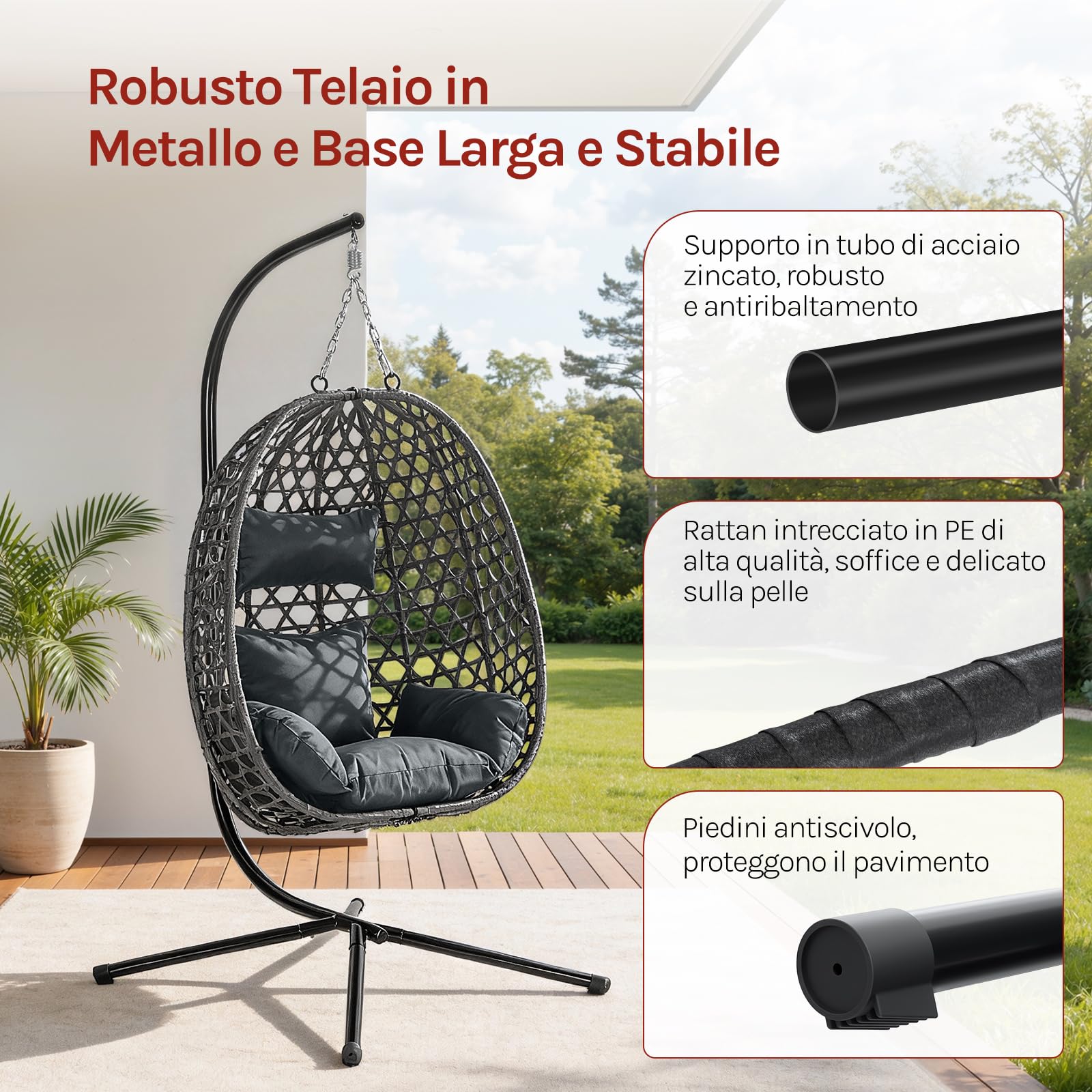 WOLTU Poltrona Sospesa a Uovo con Supporto in Metallo, Cuscino e Poggiatesta, Rattan PE, 102x100x196 cm, Grigio