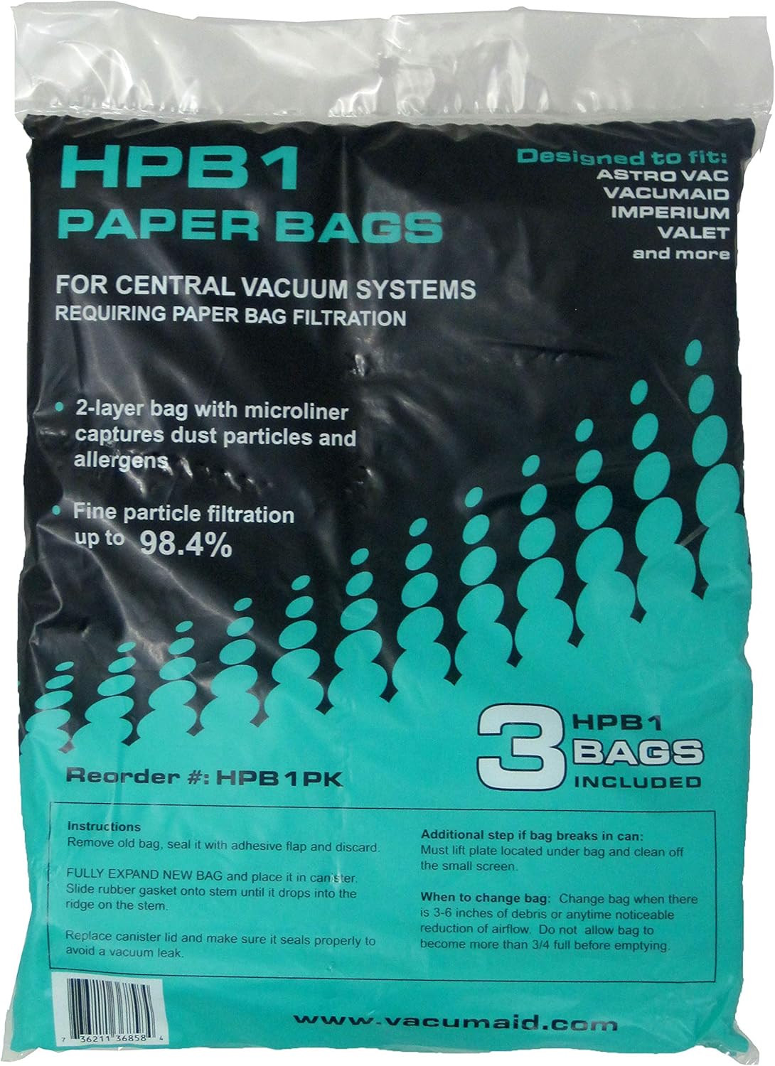 HPB1 Sealed Paper Bag (Qty. 3 Bags) for AstroVac & Valet Central