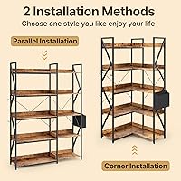 Vista 3 de Gizoon 5 Tier Corner Bookshelf, 65" H Reversible Bookshelf, Industrial Bookcase with 4 Hooks and Storage Basket, Sturdy Metal Frame, Adjustable