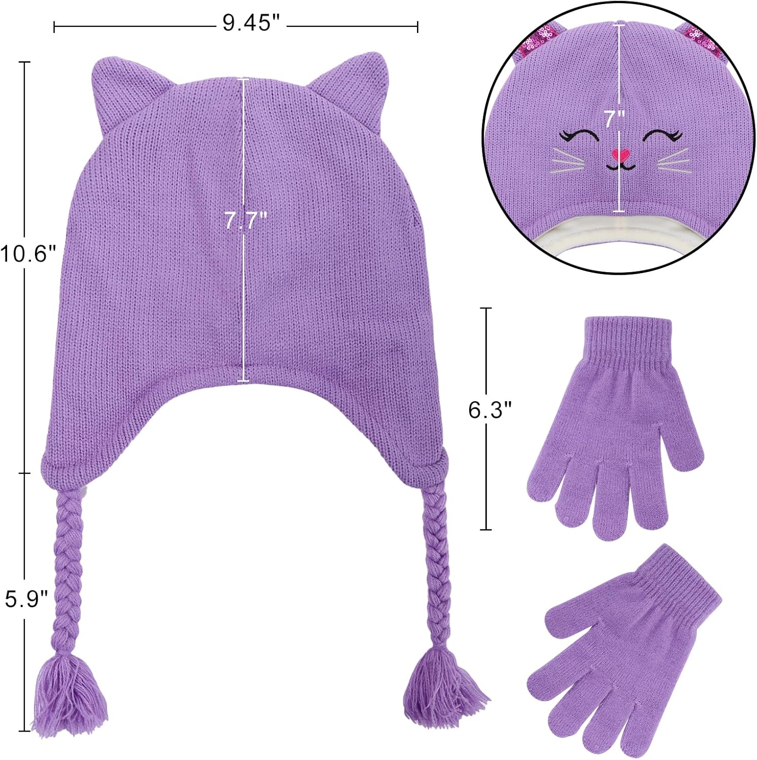 Girls Winter Cat Ear Beanie Hat and Gloves Set Kids Knitted Earflap Cap Mitten Set for Ages 3-7 - Image 6