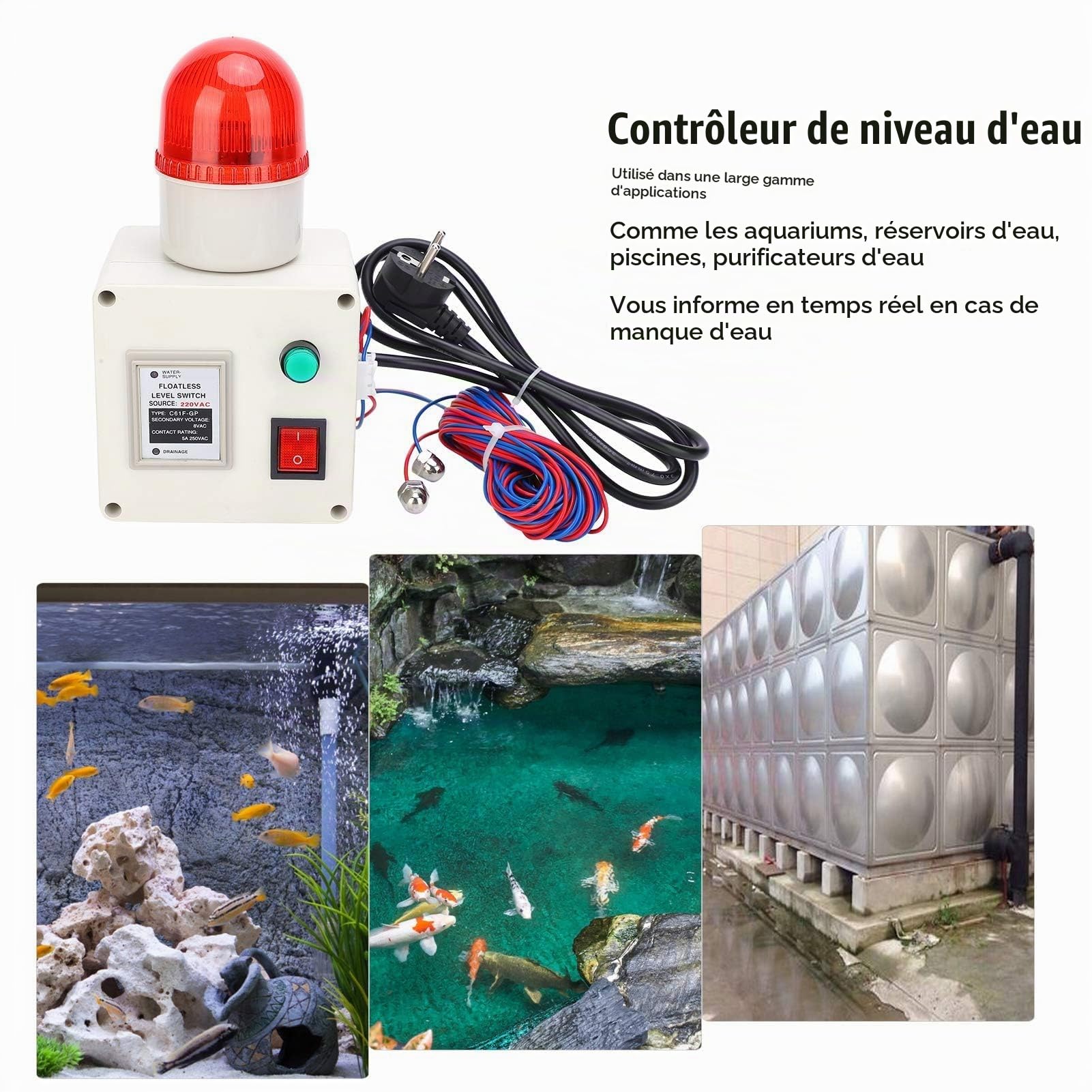 Interrupteur de Niveau d'eau, Capteur de Niveau de Liquide Bas, ContrôLeur D'alarme de Manque d'eau 90 DB avec Silencieux Prise UE 220 V, avec Résistant à La Corrosion