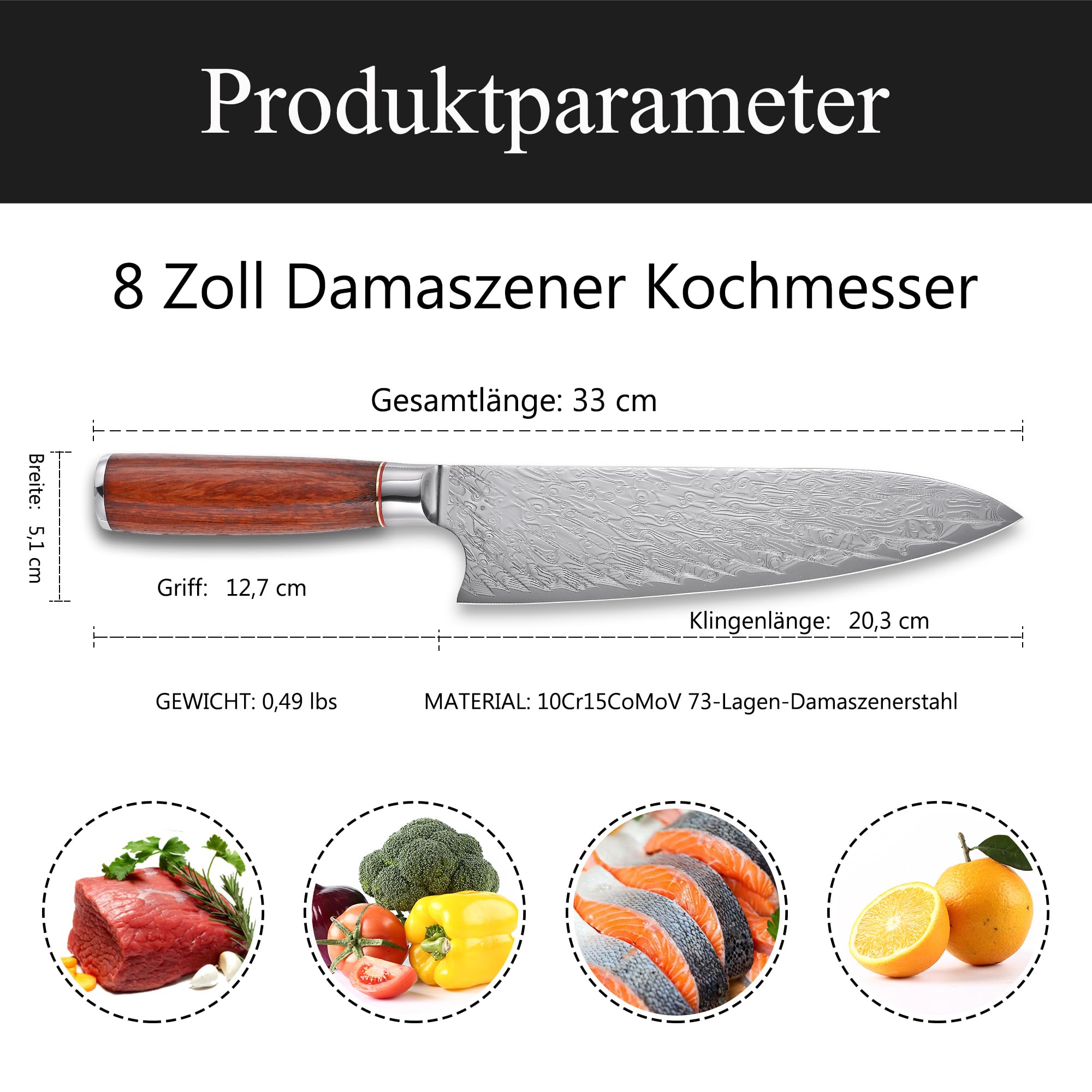 Kitory Profesjonalny nóż szefa kuchni 20 cm, 73-warstwowa stal damasceńska, ostrze ze stali 10Cr15CoMoV, rękojeść z palisandru birmańskiego – Seria Pro Damast