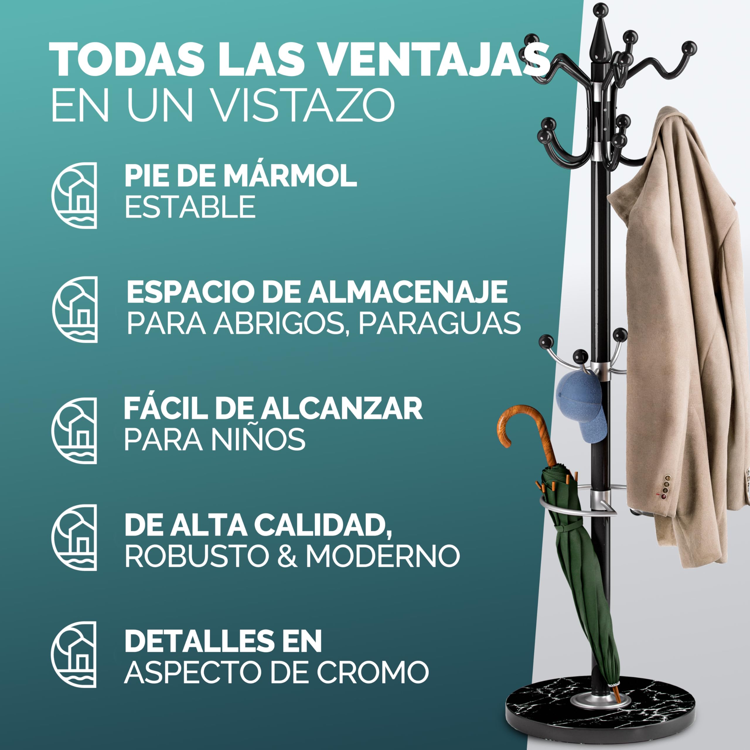 CASARIA® Perchero de Pie, Forma de Árbol, 14 Ganchos, Base Mármol, para Pasillo Recibidor Entrada, Colgador Chaquetas Sombreros Ropa Resistente Bolsos 175x37cm