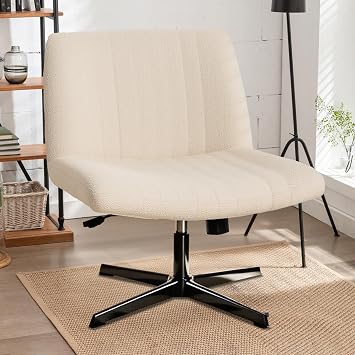 Criss Cross Chair Vanity Chair, Armless Cross Legged Office Chair Computer Swivel Chairs with No Wheels Height Adjustable Comfortable Fabric for Home Office Desk Computer Vanity Beige