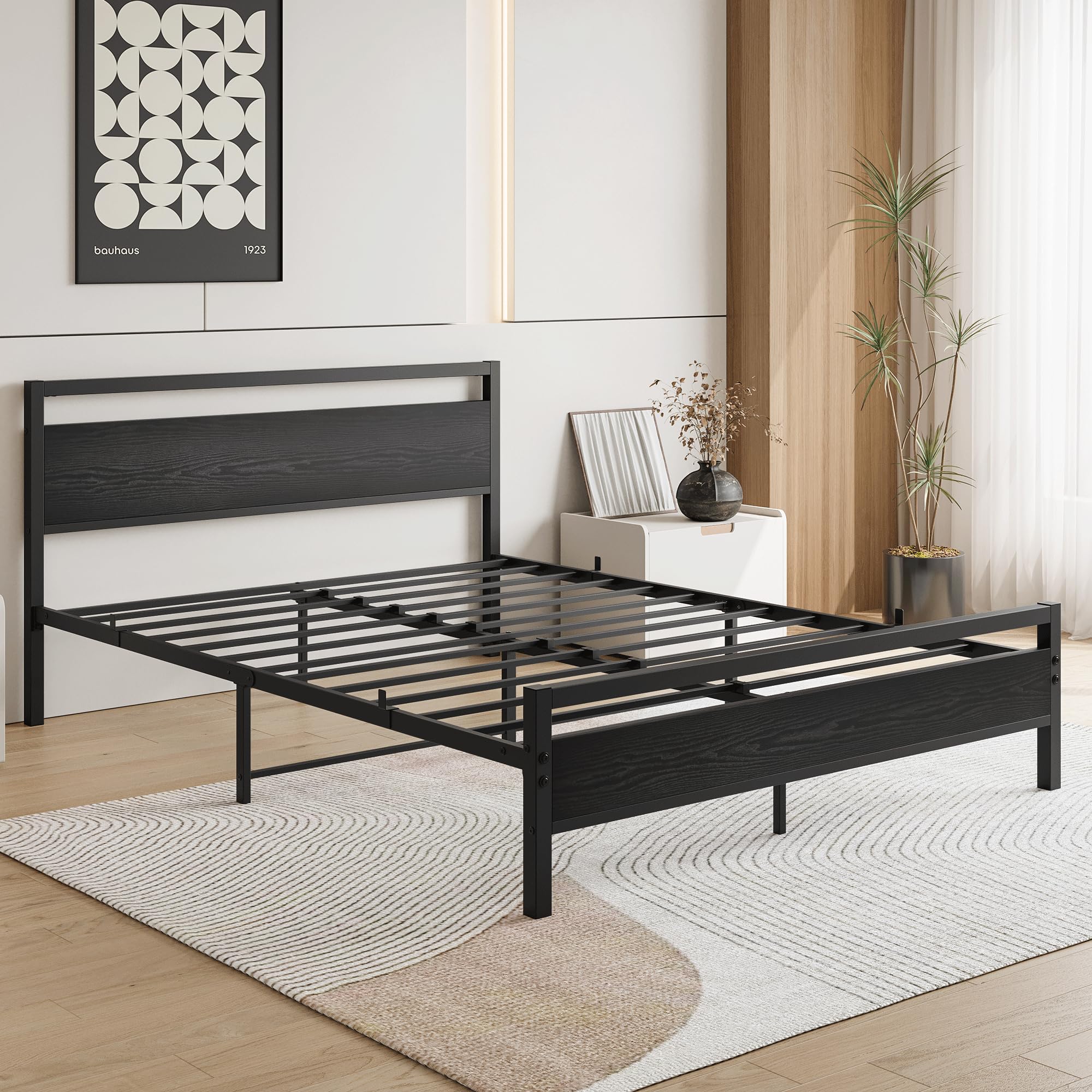 HOJINLINERO Estructura de cama de 140 x 200, marco de cama de metal de 140 x 200 cm, con somier de metal y madera, cabecero de invitados, cama juvenil, para dormitorio, habitación de invitados, color