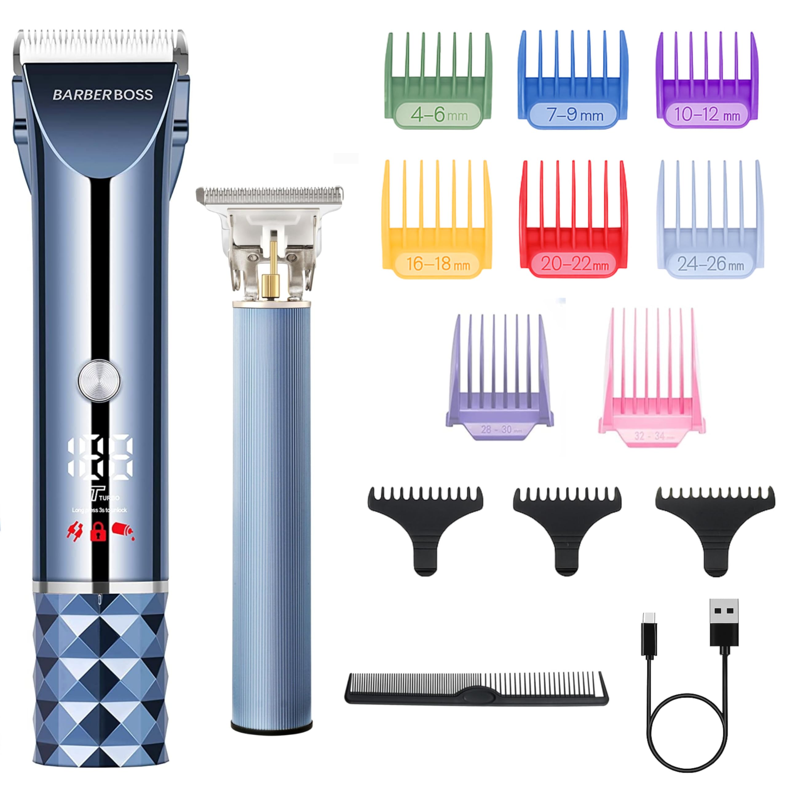 Barberboss Turbo maszynka do strzyżenia brody i włosów dla mężczyzn, bezprzewodowy trymer LED, regulowana tarcza ostrza, szybkie ładowanie USB i 8-częściowy zestaw grzebieni, zestaw do pielęgnacji dla