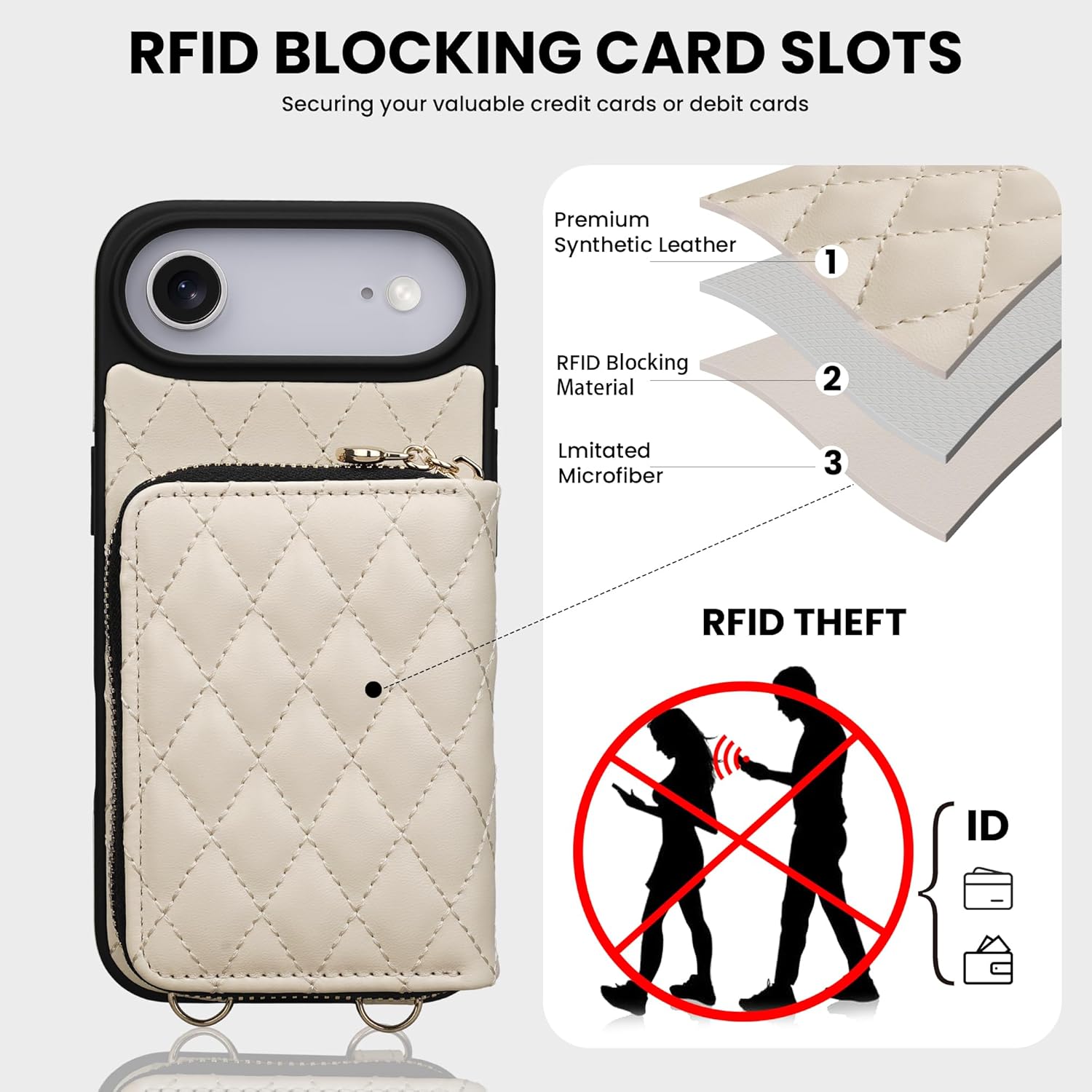 Keallce Case for iPhone Air 6.5'' Wallet Case, Crossbody Zipper Purse with Wrist Strap Lanyard Handbag, RFID Blocking Card Holders, Kickstand Flip Leather Cover for iPhone 17 Air, Beige