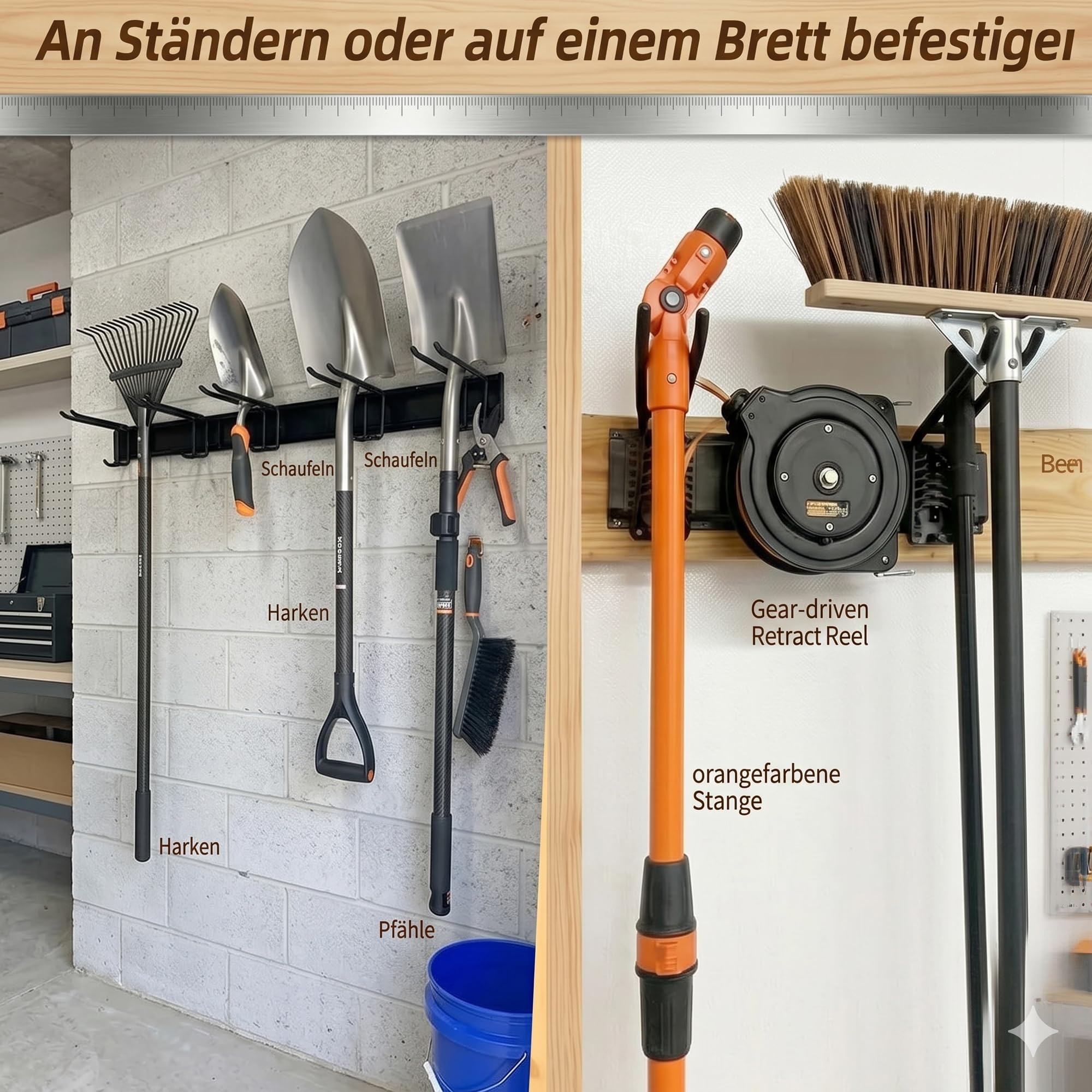Gerätehalter Wandhalterung 122cm, 160kg Schwerlast, Gartengeräte & Skihalterung | 6 verstellbare Haken, Anti-Rutsch-Beschichtung, multifunktional (Garten & Ski), Hochleistungs-Stahl